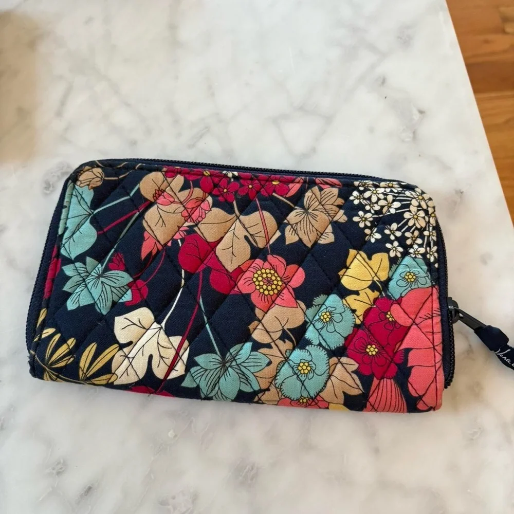 Vera Bradley Navy Floral Quilted Zip Wallet with Multi-Color Blooms - Picture 2 of 3
